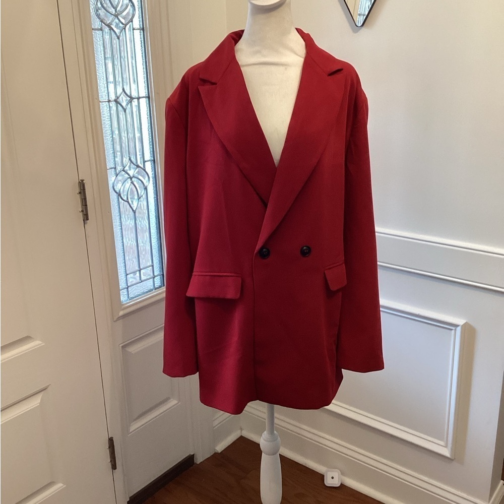 Classic Double Button Red Women’s Blazer (Color: Red) (Size: XXL)